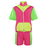 Retro 80s Pink and Green Colorblocked 2 Piece Tracksuit Set For Adult Women Men Cosplay Costume Outfits Halloween Carnival Party Suit